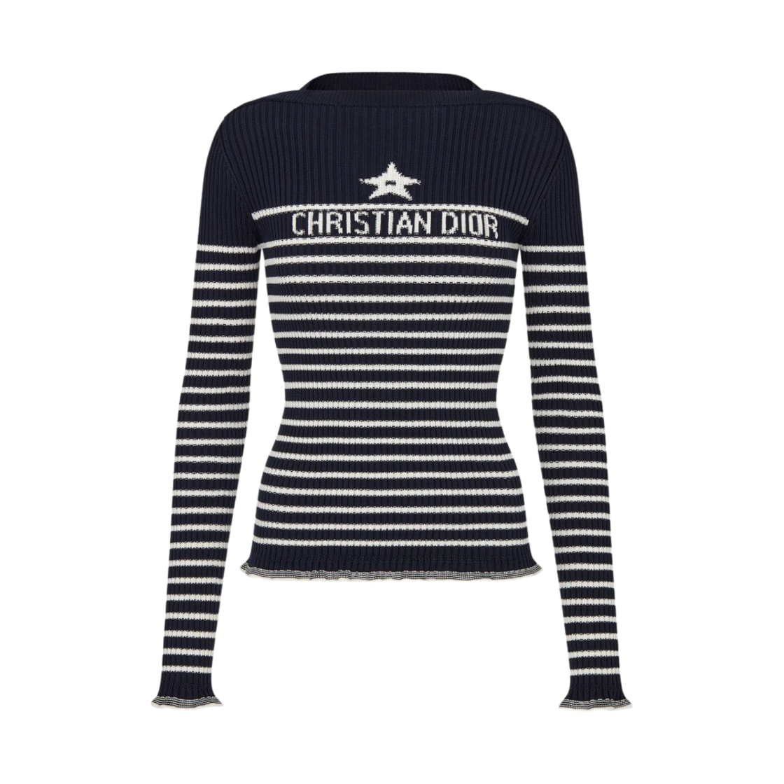 (W) 디올 시그니쳐 화이트 코튼 립드 니트 스웨터 네이비 블루((W) Dior Sweater White Cotton Ribbed Knit with Signature Navy Blue) - 1