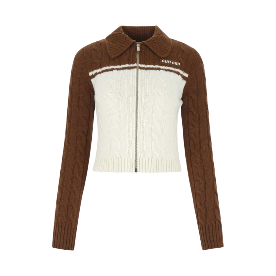 MMF622-11FP-F0O7V (W) Miu Miu Wool Cashmere Zipper Cardigan Brown White - 대표 이미지 #1