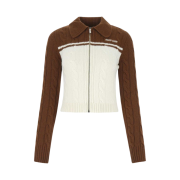 (W) Miu Miu Wool Cashmere Zipper Cardigan Brown White