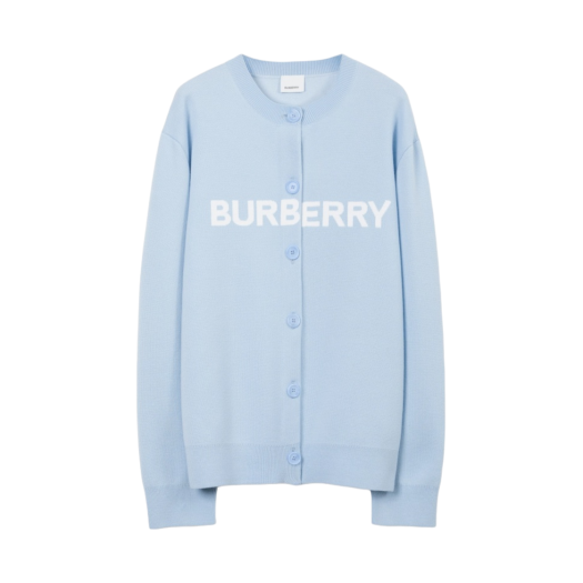 (W) Burberry Logo Wool Cotton Jacquard Oversized Cardigan Pale Blue