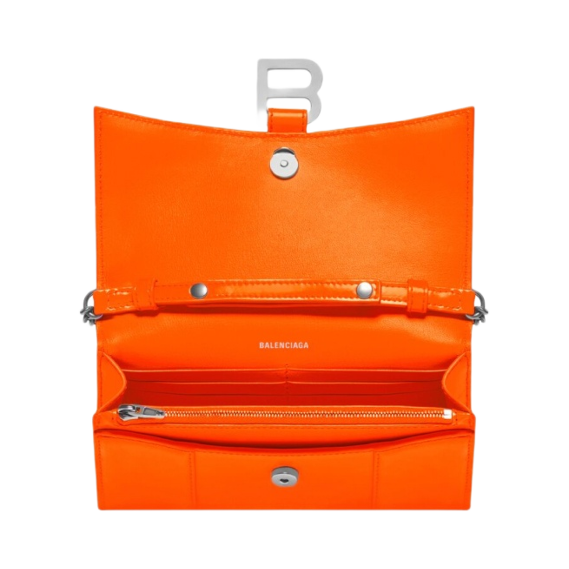 발렌시아가 샤이니 박스 카프스킨 아워글래스 체인 지갑 플루오 오렌지(Balenciaga Hourglass Wallet On Chain in Shiny Box Calfskin Fluo Orange) - 2