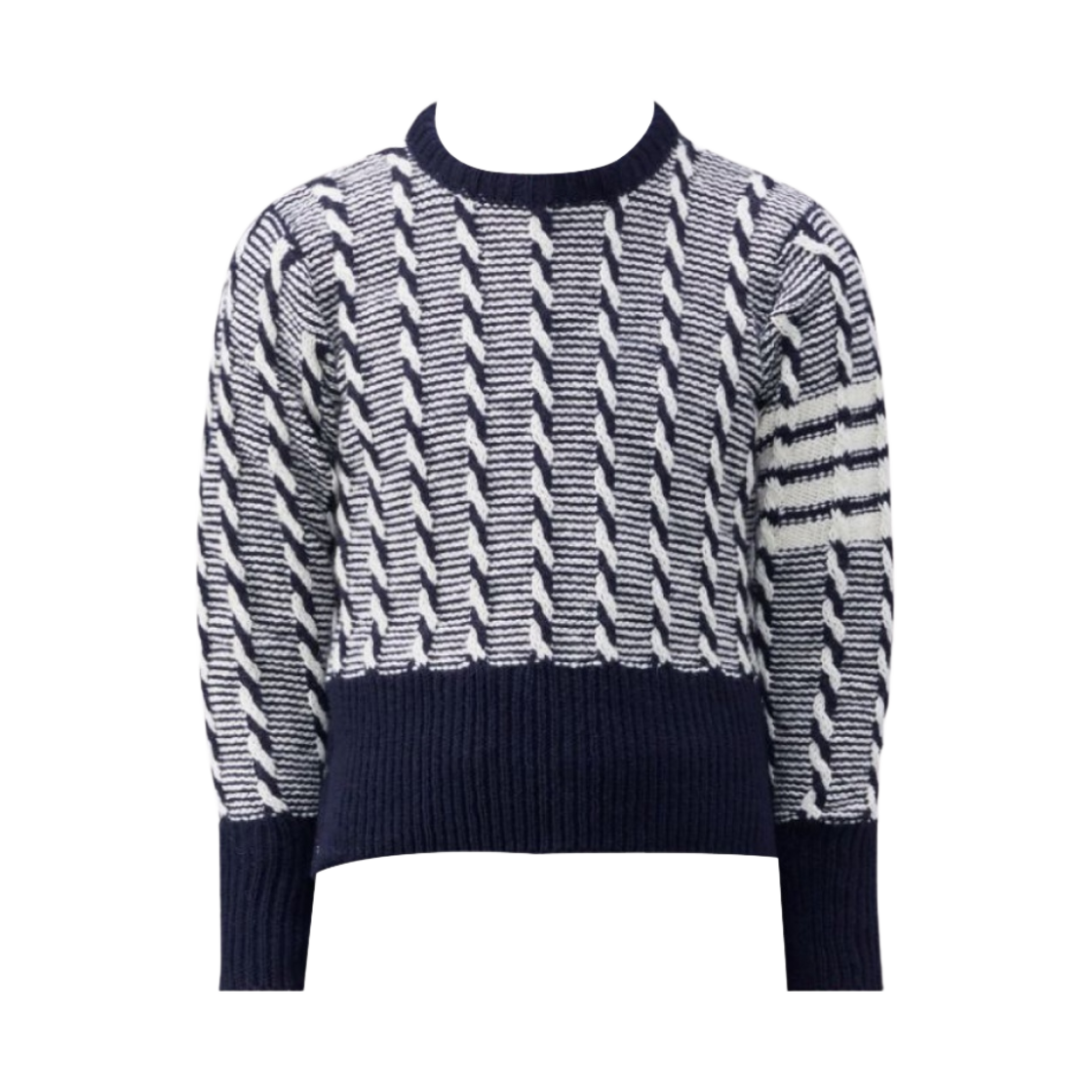 MKA469A-Y1506-415 Thom Browne Donegal Bicolor Twist Cable 4-Bar Crewneck Pullover Navy