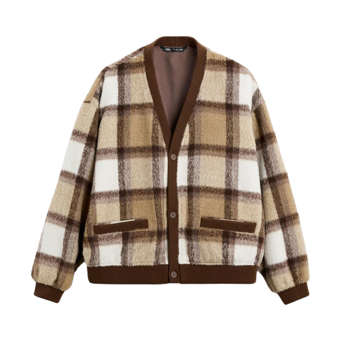 자라 텍스쳐드 체크 가디건 크림 브라운(Zara Texture Check Cardigan Cream Brown) - 1