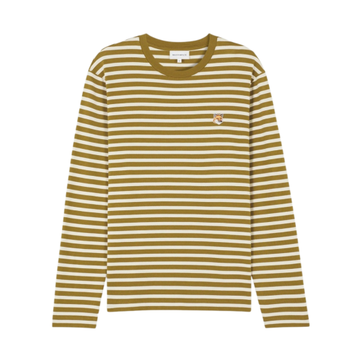 LM00105KJ0046-S394 Maison Kitsune Fox Head Patch Regular Marin T-Shirt Khaki Green Stripes