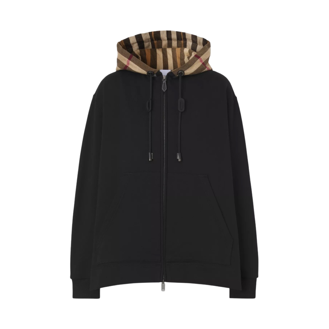 (W) 버버리 체크 후드 코튼 오버사이즈 후드 탑 블랙((W) Burberry Check Hood Cotton Oversized Hooded Top Black) - 1