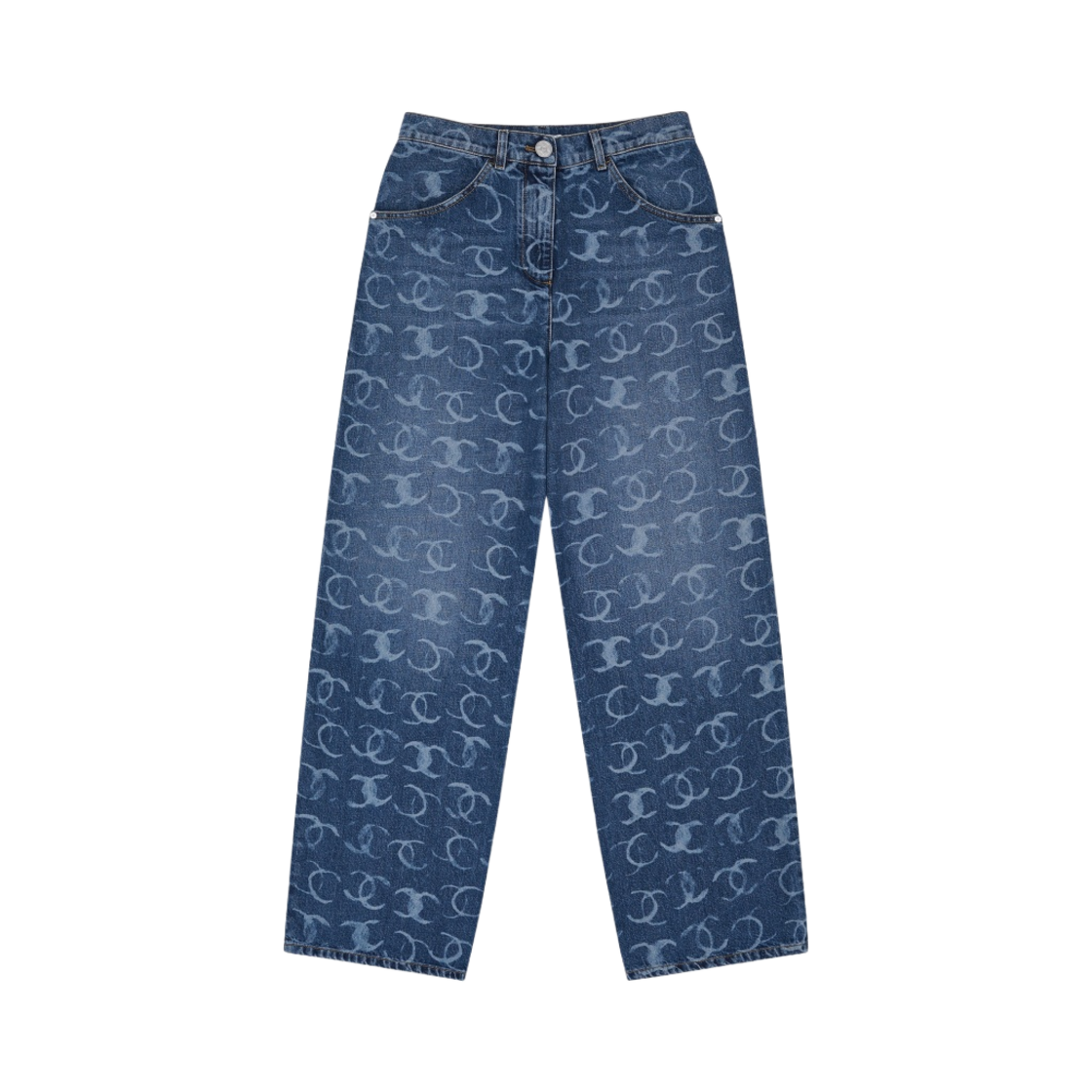 (W) 샤넬 프린티드 엠브로이드 데님 다크 블루 화이트((W) Chanel Printed Embroidered Denim Dark Blue White)