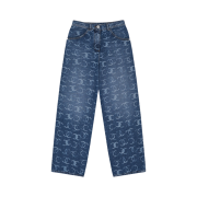 (W) Chanel Printed Embroidered Denim Dark Blue White