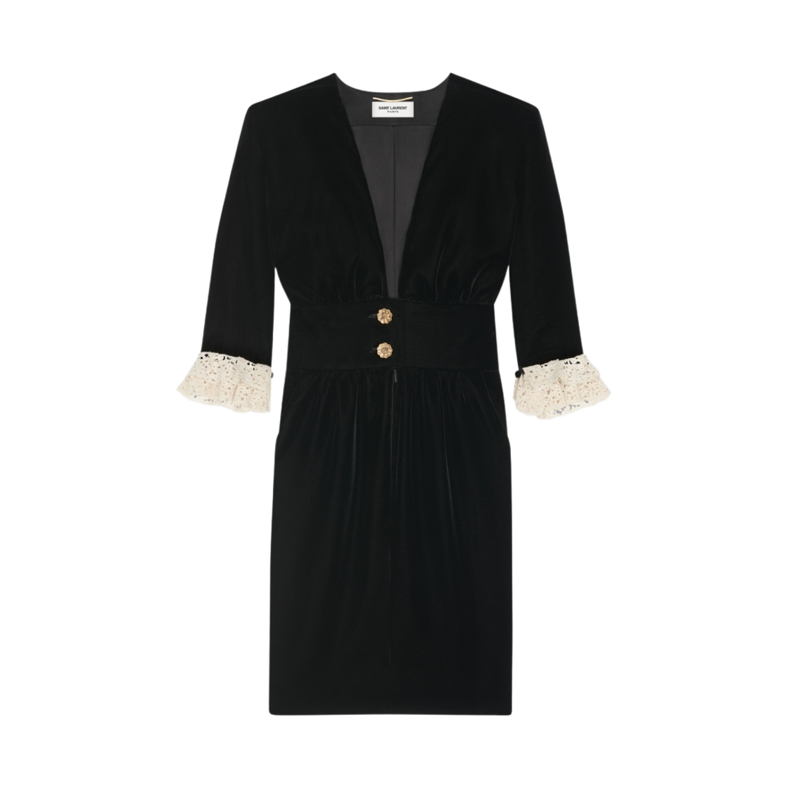 (W) 생로랑 쿠프로 벨벳 브이넥 미디 드레스 블랙((W) Saint Laurent V-Neck Mini Dress in Cupro Velvet Black) - 1