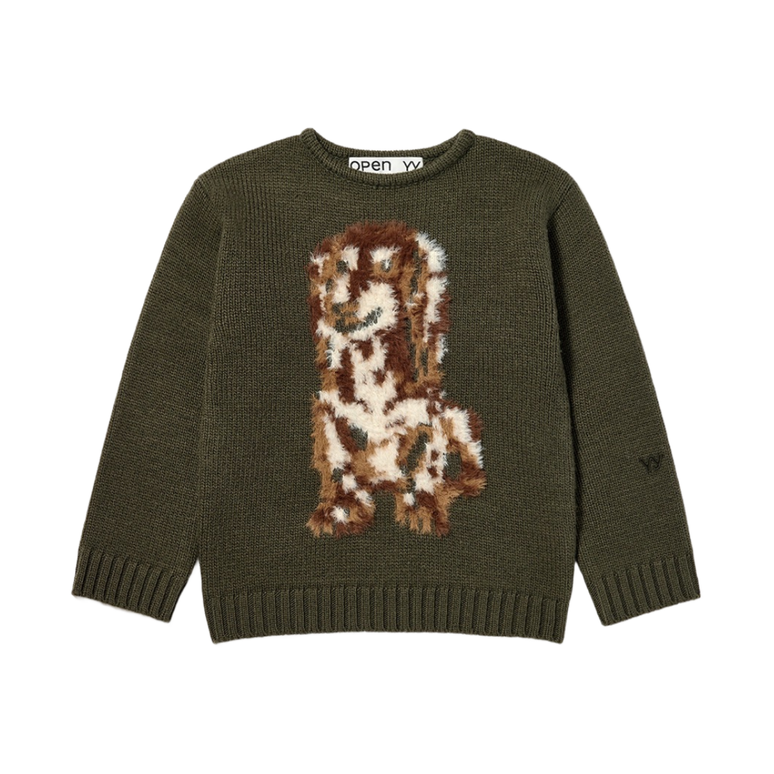 - Open Yy Shaggy Jacquard Dog Sweater Khaki