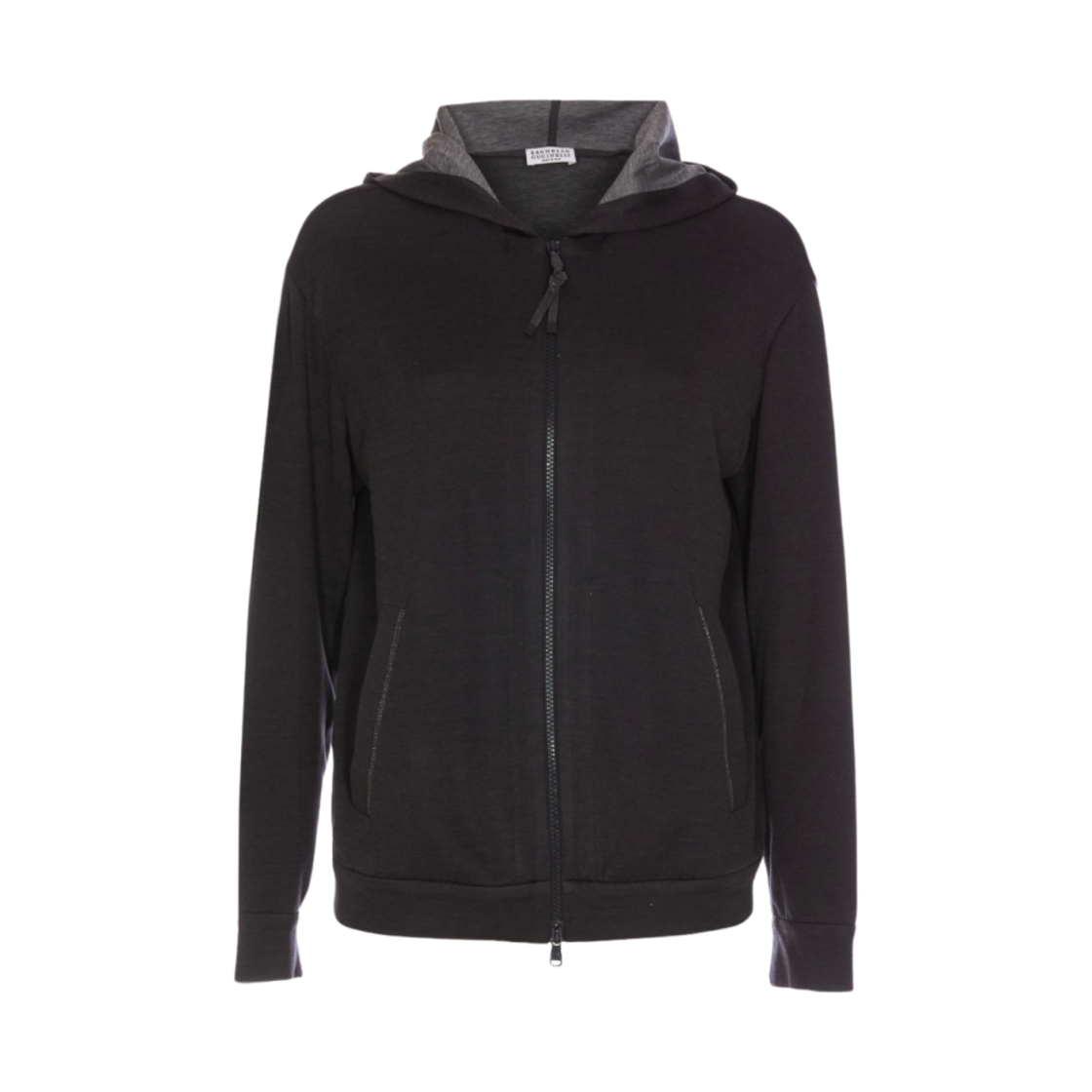 MD828SB806-C8247 (W) Brunello Cucinelli Cotton Silk Interlock Hooded Sweatshirt With Precious Zipper Pull Black