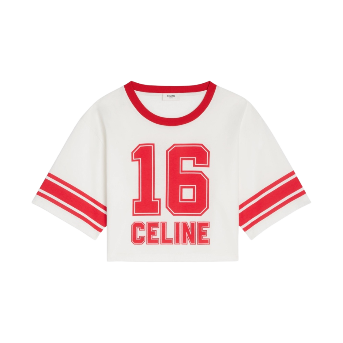 (W) 셀린느 코튼 저지 16 크롭 티셔츠 오프 화이트 레드 인텐스((W) Celine 16 Cropped T-Shirt in Cotton Jersey Off White Red Intense) - 1