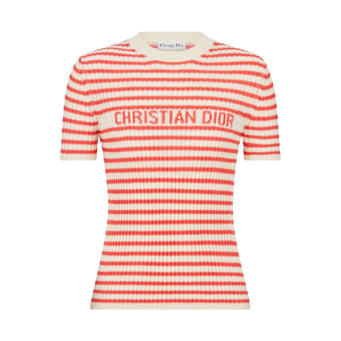 444S15AM779-X2824 (W) Dior Dioriviera Short-Sleeved Sweater Cotton Ribbed Knit with Dior Mariniere Motif White Coral