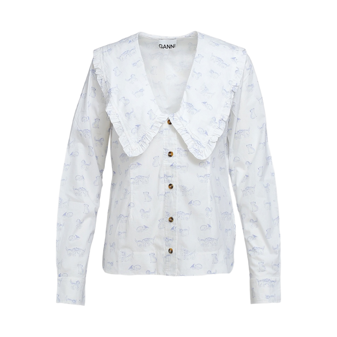 (W) 가니 프린티드 코튼 포플린 브이넥 칼라 셔츠 브라이트 화이트((W) Ganni Printed Cotton Poplin V-Neck Collar Shirt Bright White) - 1