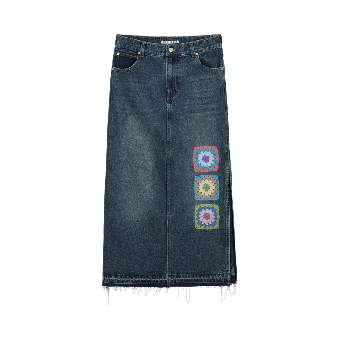 로씨로씨 X 그래피커스 크로셰 데님 롱 스커트 미들 블루