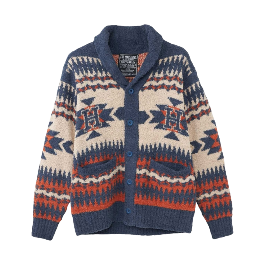 히스테릭 글래머 씨 노 이블 자카드 숄 가디건 블루(Hysteric Glamour See No Evil Jacquard Shawl Cardigan Blue) - 1