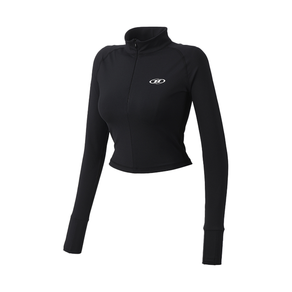 본투윈 우먼스 심볼 B 메쉬 하프집업 롱 슬리브 블랙