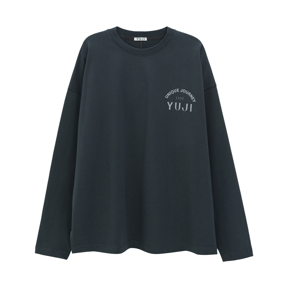 YJ0424_03_copy04 YUJI Ui Slogan Long Sleeves T-shirt Charcoal Grey