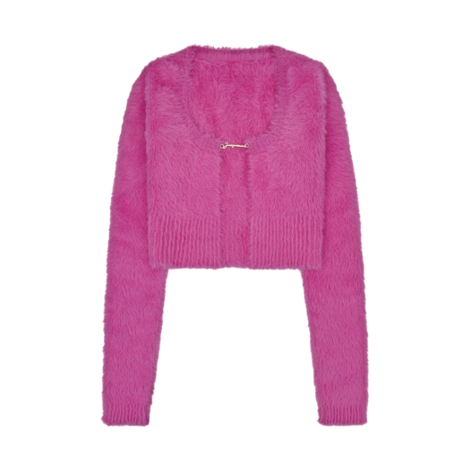 (W) Jacquemus La Maille Neve Manches Longues Fluffy Charm Logo Long Sleeve Cardigan Pink
