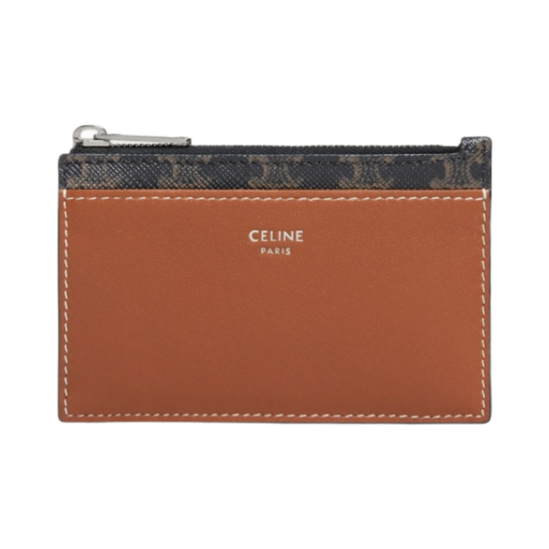 10F992BZ9-04LI Celine Zipped Card Holder in Triomphe Canvas Lambskin Tan