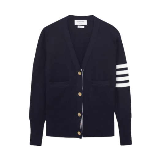 (W) Thom Browne Cotton Crepe Milano Stitch 4-Bar Cardigan Navy