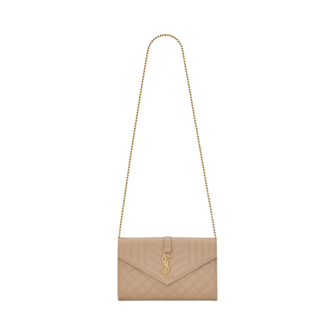 620280-BOW91-2721 Saint Laurent Monogram Chain Wallet in Mix Matelasse Grain de Poudre Embossed Leather Dark Beige