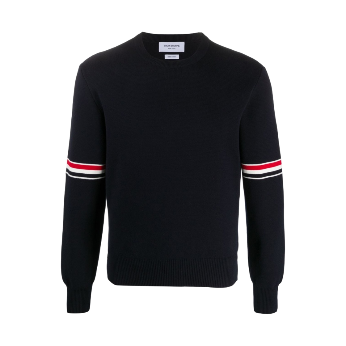 톰브라운 코튼 밀라노 스티치 스트라이프 암밴드 크루넥 스웨터 네이비(Thom Browne Cotton Milano Stitch Stripe Armband Crewneck Sweater Navy)