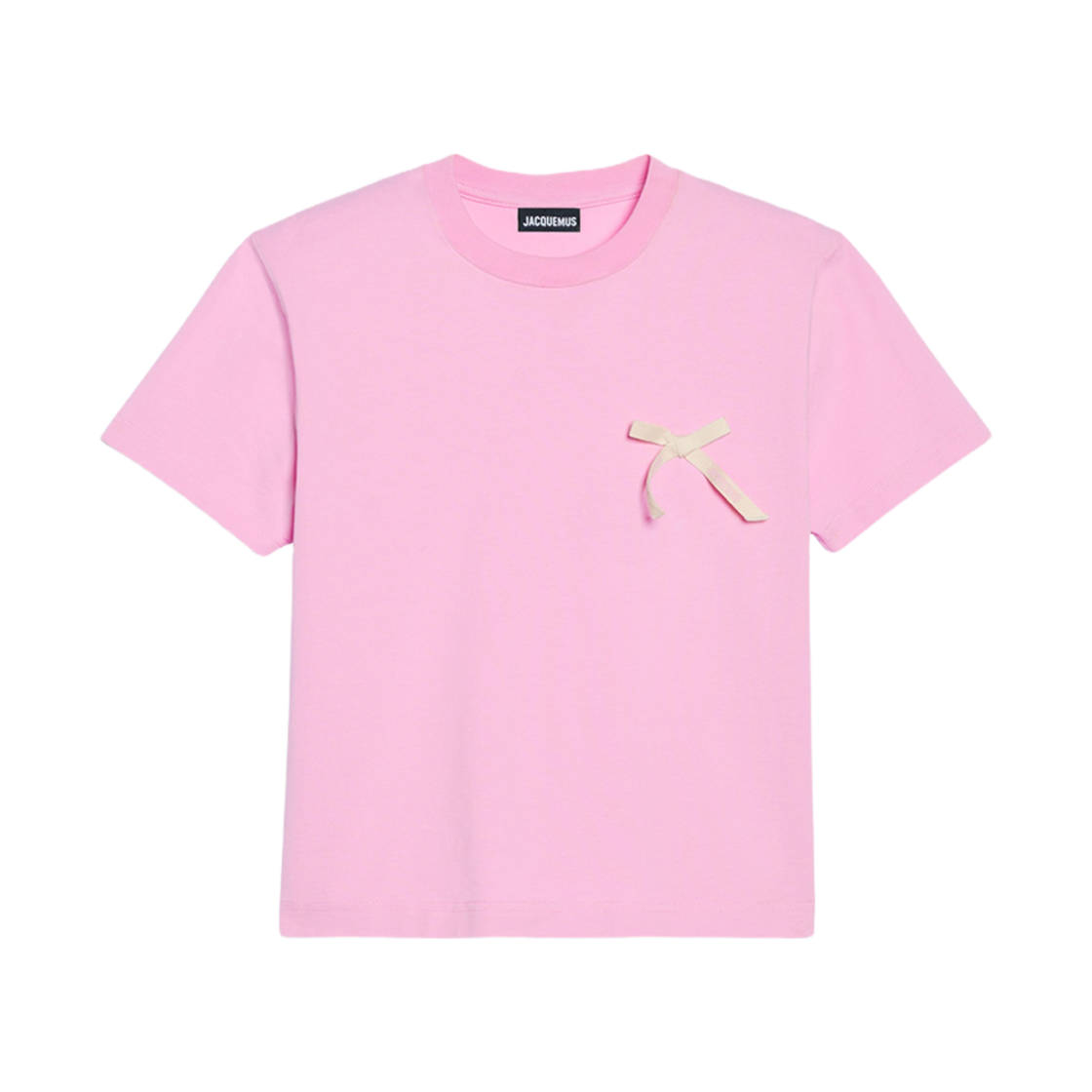 (W) 자크뮈스 르 티셔츠 노드 그로그랭 로고 크롭 티셔츠 핑크((W) Jacquemus Le T-Shirt Noeud Grosgrain Logo Cropped T-Shirt Pink)