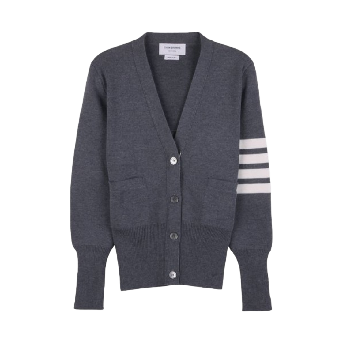 FKC207A-00014-035 (W) Thom Browne Fine Merino Wool Milano Stitch 4-Bar Classic V-Neck Cardigan Medium Grey - 대표 이미지 #1