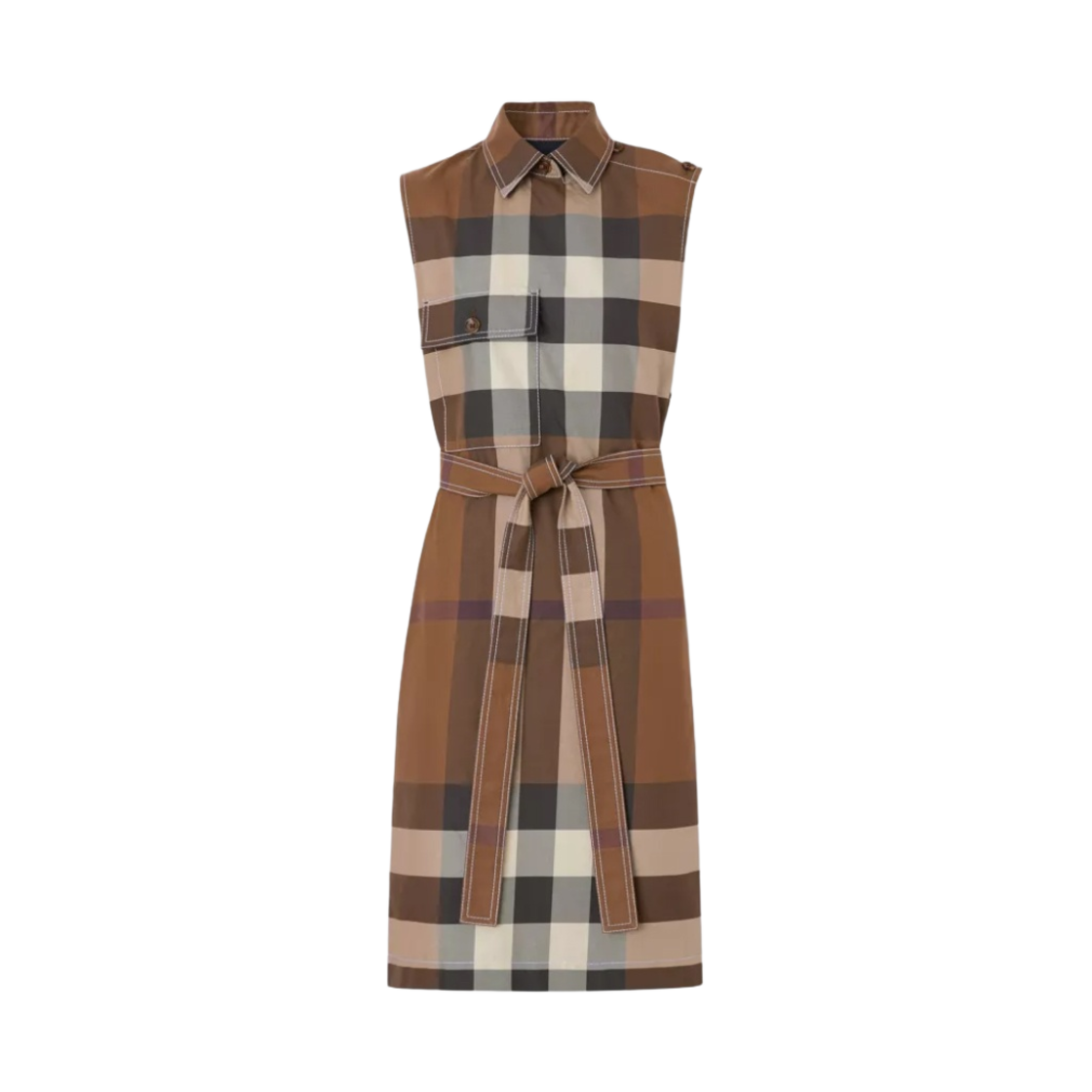 (W) 버버리 슬리브리스 체크 코튼 셔츠 드레스 다크 버치 브라운((W) Burberry Sleeveless Check Cotton Shirt Dress Dark Birch Brown) - 1