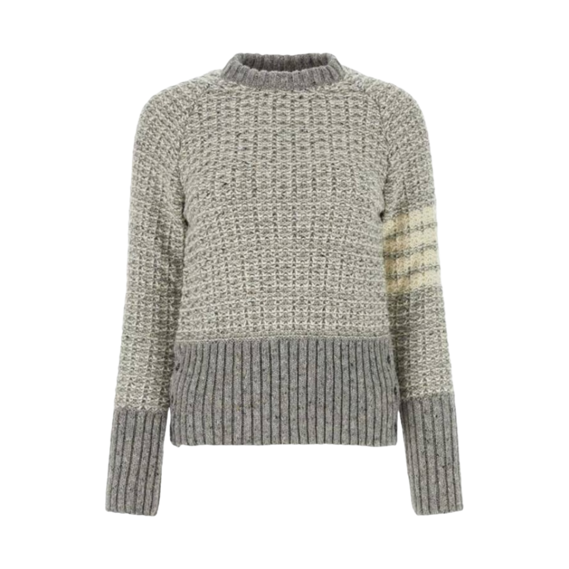 FKA449A-Y1506-055 (W) Thom Browne Tuck Stitch Raglan Sleeve in Donegal 4 Bar Stripe Pullover Crewneck Light Grey