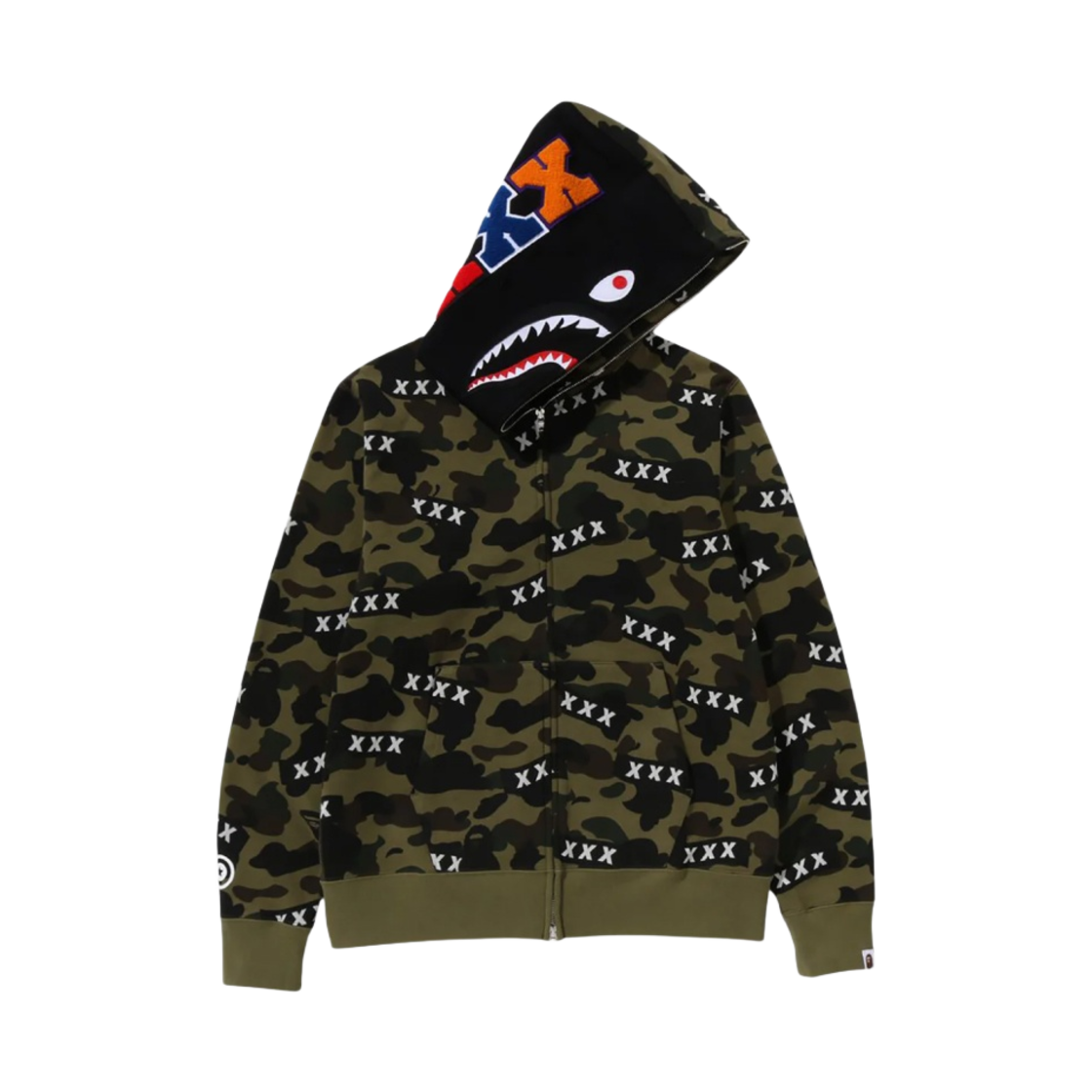 베이프 x 갓 셀렉션 XXX 샤크 풀 집 후드 아미 그린(BAPE x God Selection XXX Shark Full Zip Hoodie Army Green) - 2