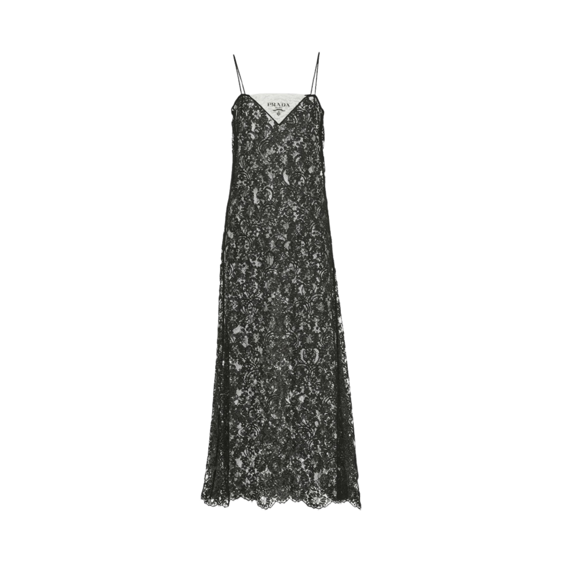 (W) 프라다 자수 레이스 미디 드레스 블랙((W) Prada Embroidered Lace Midi-Dress Black) - 1