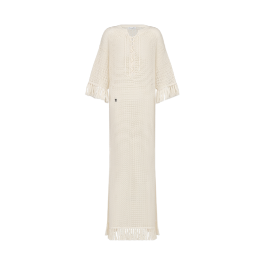 (W) Dior Cotton Knit Dioriviera Fringed Caftan Ecru