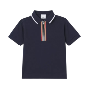 (Kids) Burberry Icon Stripe Detail Cotton Zip Front Polo Shirt Midnight