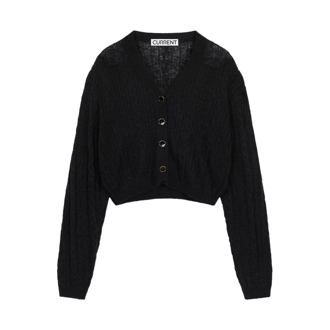 커렌트 퍼프 슬리브 케이블 가디건 블랙(Current Puff Sleeve Cable Cardigan Black)