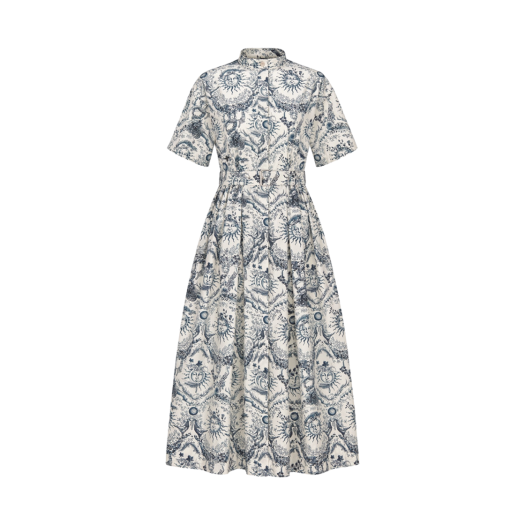 (W) Dior Mid-Length Shirt Dress Navy Blue White Silk Cotton Poplin Toile Soleil Motif
