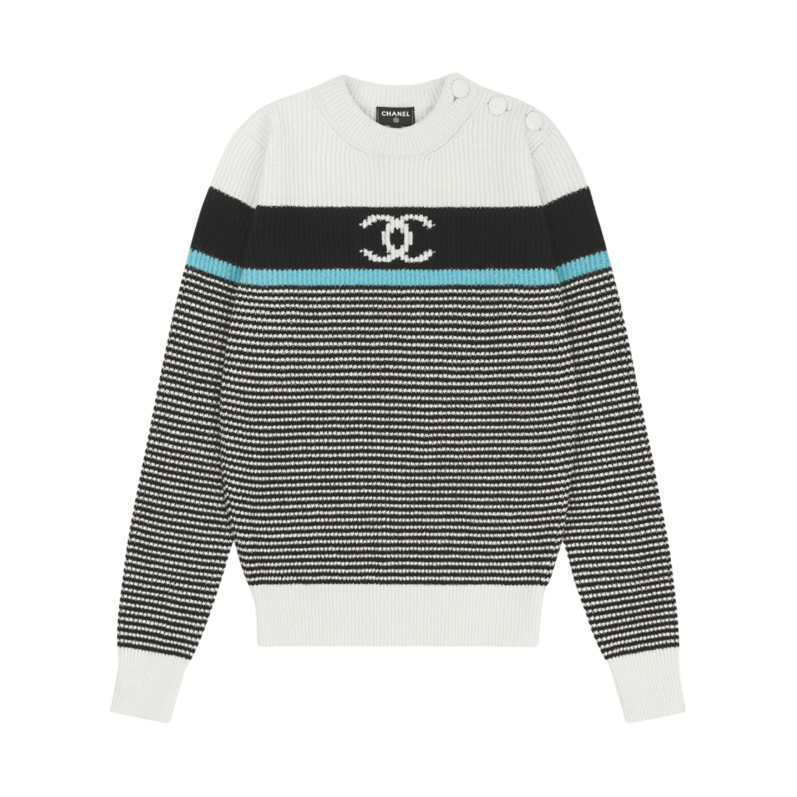(W) 샤넬 풀오버 믹스드 파이버 코튼 & 화이트 블랙 라이트 블루((W) Chanel Pullover Mixed Fibers Cotton & White Black Light Blue)