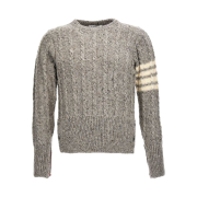 Thom Browne Donegal Twist Cable 4-Bar Classic Crewneck Pullover Light Grey