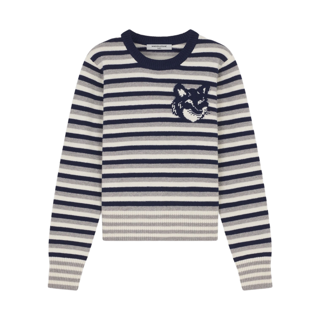 (W) 메종 키츠네 폭스 헤드 인타르시아 스트라이프 레귤러 점퍼 네이비 화이트((W) Maison Kitsune Fox Head Intarsia Striped Regular Jumper Navy White) - 1