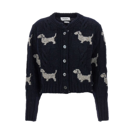 (W) Thom Browne Check Donegal Hector Crewneck Cardigan Navy