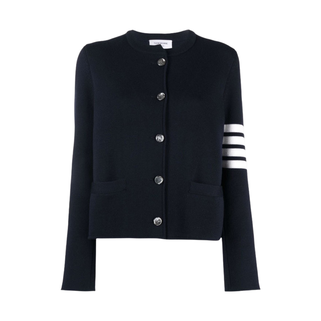FKJ056A-Y1002-415 (W) Thom Browne Double Face Fine Merino Wool 4-Bar Engraved Mrs. Thom Button Crewneck Cardigan Jacket Navy