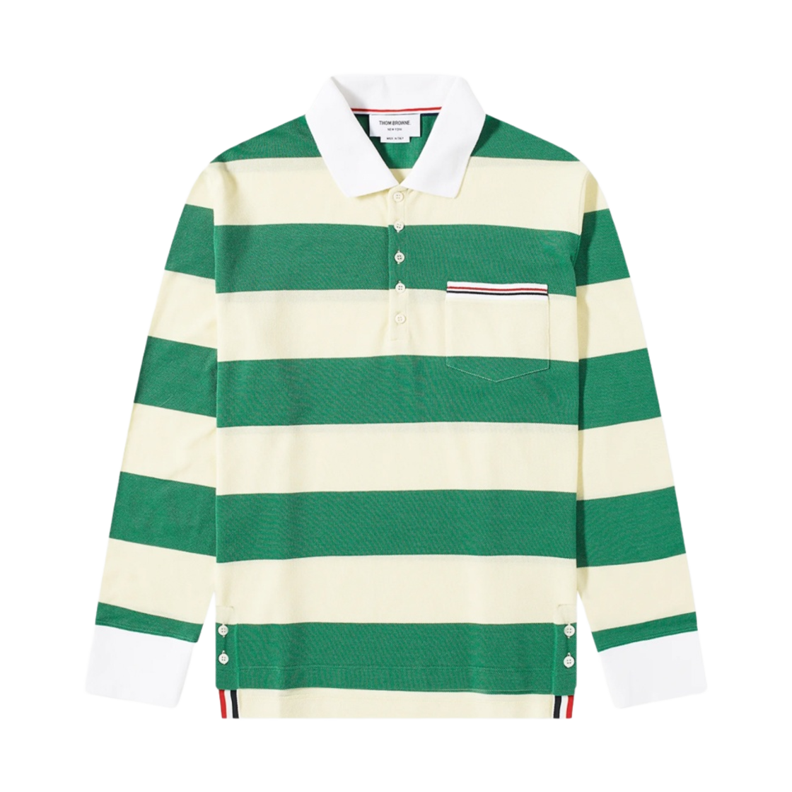 톰브라운 럭비 스트라이프 롱슬리브 포켓 폴로 그린 라이트 옐로우(Thom Browne Rugby Stripe Pique Long Sleeve Pocket Polo Green Light Yellow) - 1