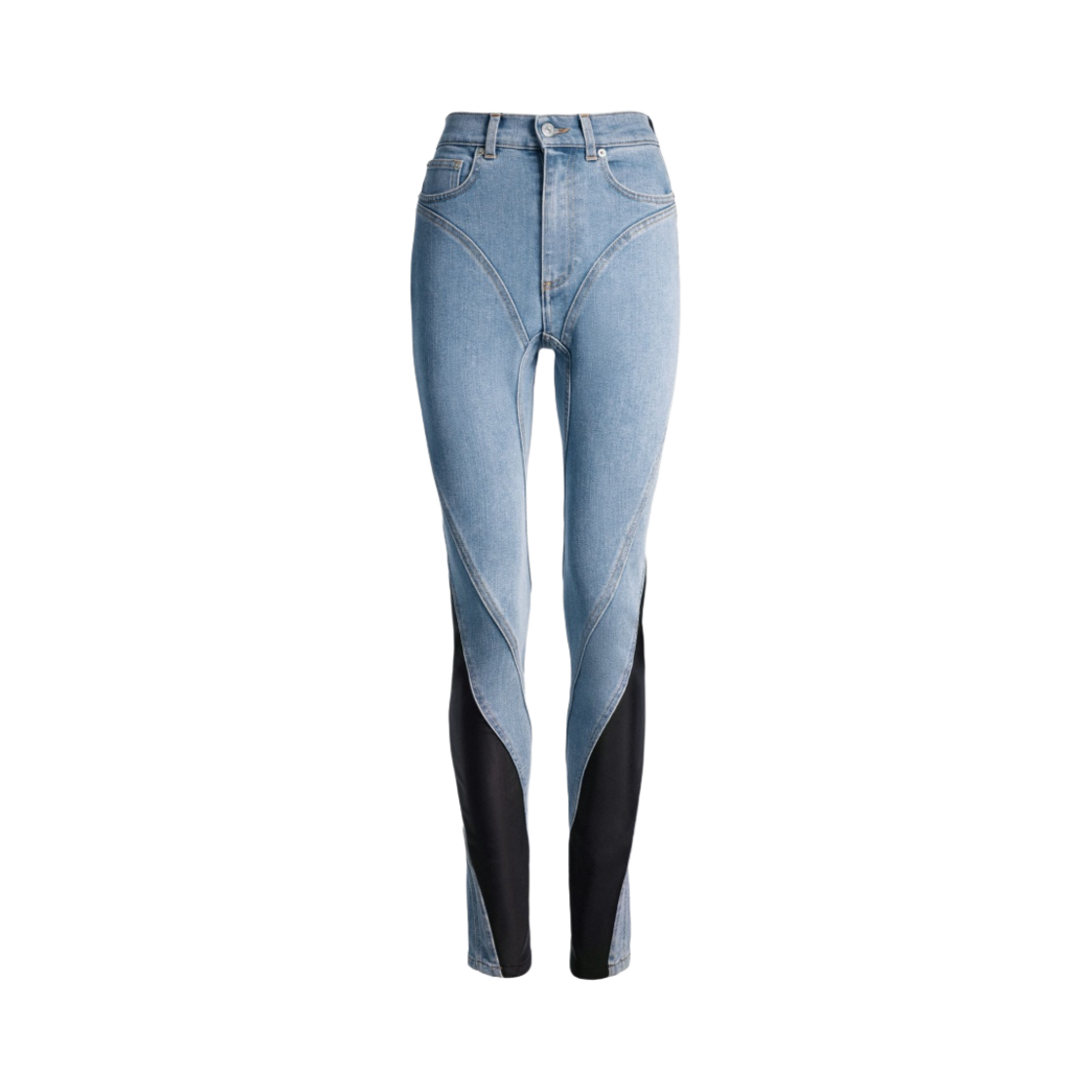 (W) 에이치앤엠 x 뮈글러 스파이럴 패널 진 라이트 데님 블루 블랙((W) H&M x Mugler Spiral Panel Jeans Light Denim Blue Black)