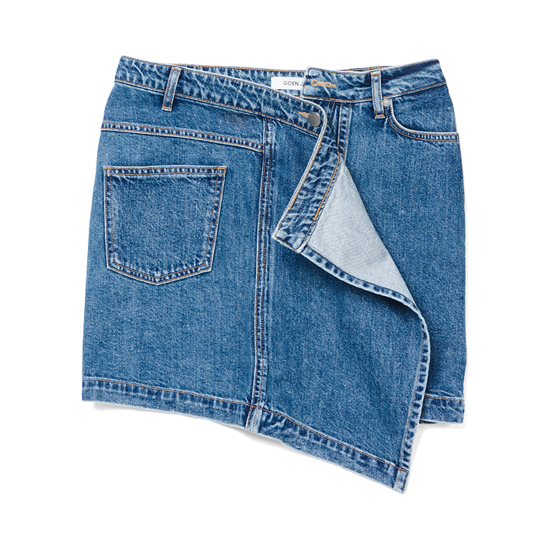 GJ24AW-SK02_02 GOEN.J Asymmetric Draped Down Washed Mini Denim Skirt Blue