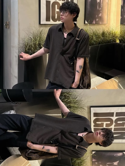 WESLEY HYUSTON Breeze Open Collar Half Knit Shirt Dark Brown 착용 스타일 - 2