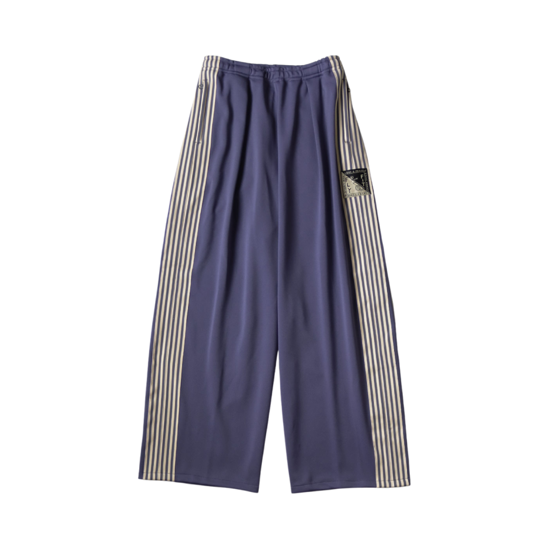 K2410LP073 Kapital Stuntman & Woman Super Baggy Track Pants in Smooth Jersey Banner Stripe Purple