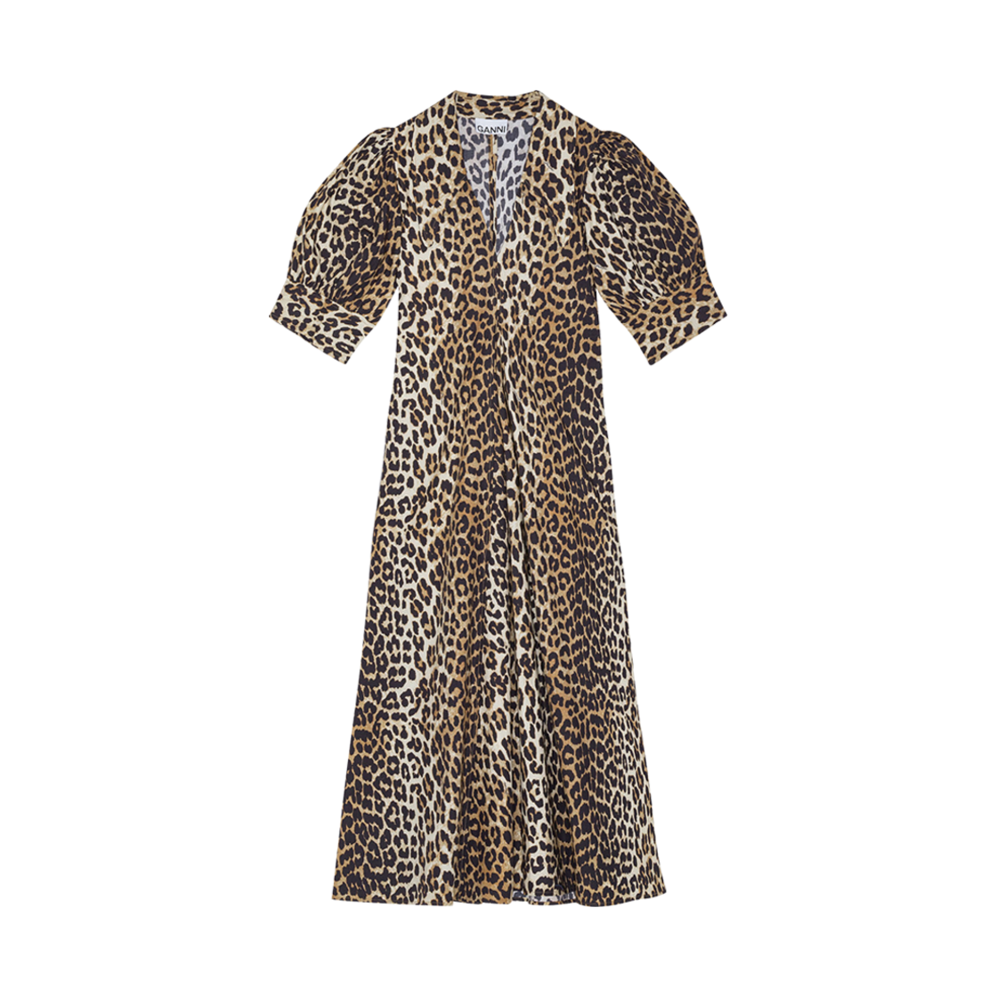 F8842-943 (W) Ganni Cotton Poplin V-Neck Maxi Dress Leopard