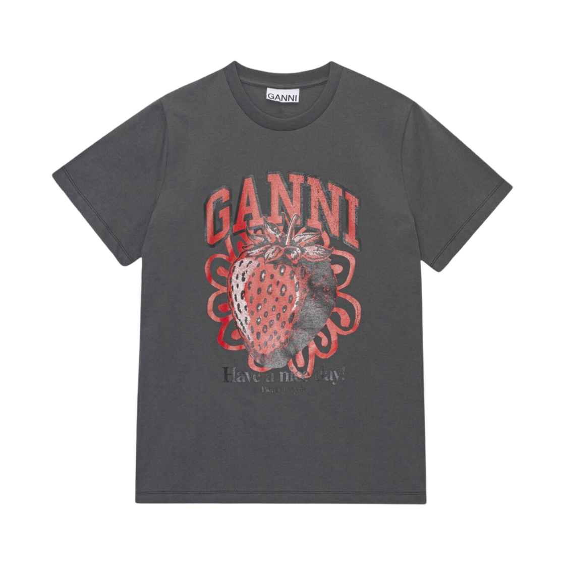 T3769-490 (W) Ganni Grey Relaxed Strawberry T-Shirt Volcanic Ash