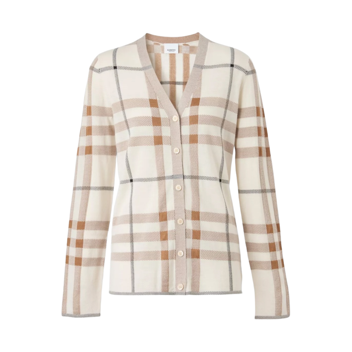 8052401 (W) Burberry Check Intarsia Wool Silk Cotton Cardigan Soft Sand