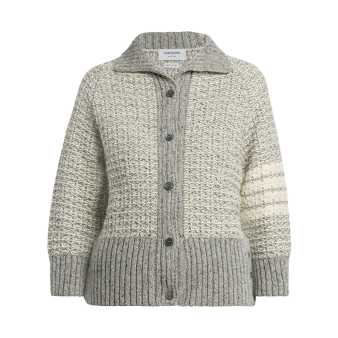 (W) 톰브라운 트위드 사선 래글런 폴로 가디건 라이트 그레이((W) Thom Browne Tweed 4-Bar Raglan Polo Cardigan Light Grey) - 1